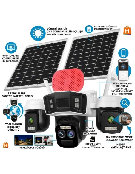 O-KAM-4075 3 LENS 10X OPTİK ZOOM SİRENLİ ÇİFT PANEL 4G KAMERA